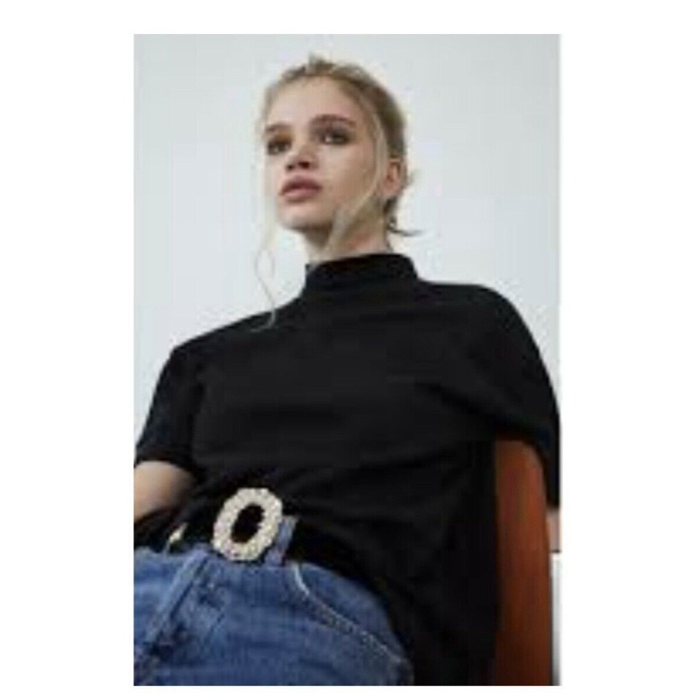 ZARA Black Mock Neck 1/2‎ Sleeve Ribbed Sweater Womens Size L